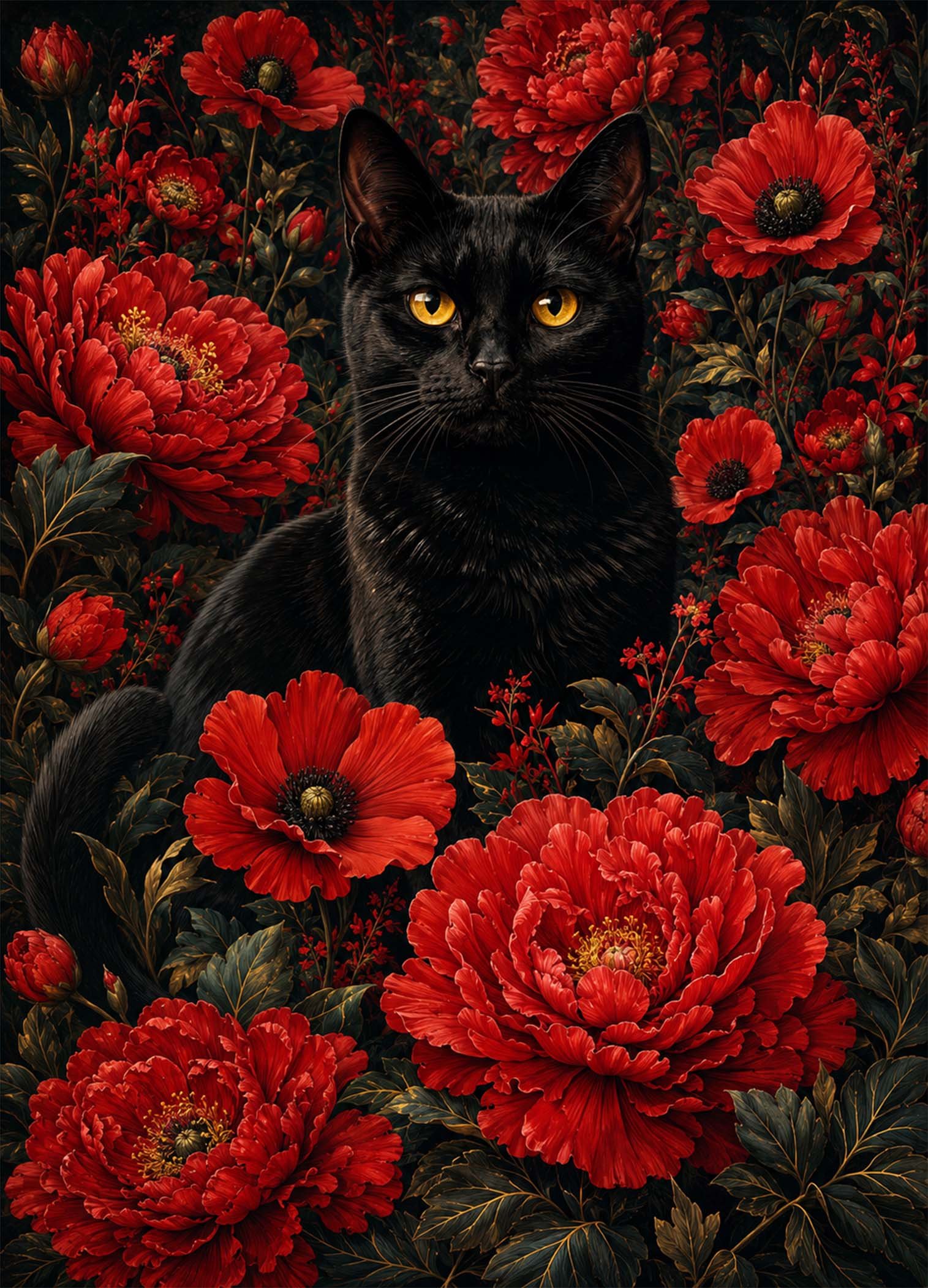 Affiche représentant Un chat noir au regard doré se détache au cœur d’un décor floral rouge profond. L’ensemble crée une image forte, élégante et un peu mystérieuse, idéale pour donner du caractère à un mur