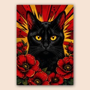 Chat noir au centre d’une composition florale rouge et jaune au style pop art