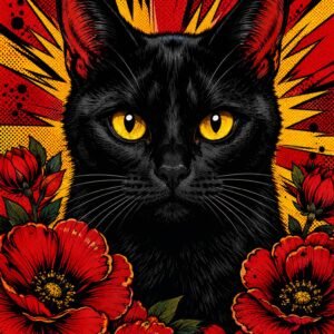 Affiche représentant Un chat noir au regard doré, posé au centre d’un fond graphique éclatant, donne à cette affiche une présence forte et captivante. Les fleurs rouges apportent une touche décorative généreuse, presque théâtrale, qui attire immédiatement l’œil