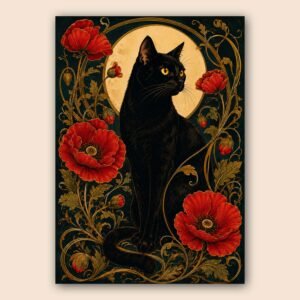 Chat noir entouré de fleurs rouges sur fond sombre