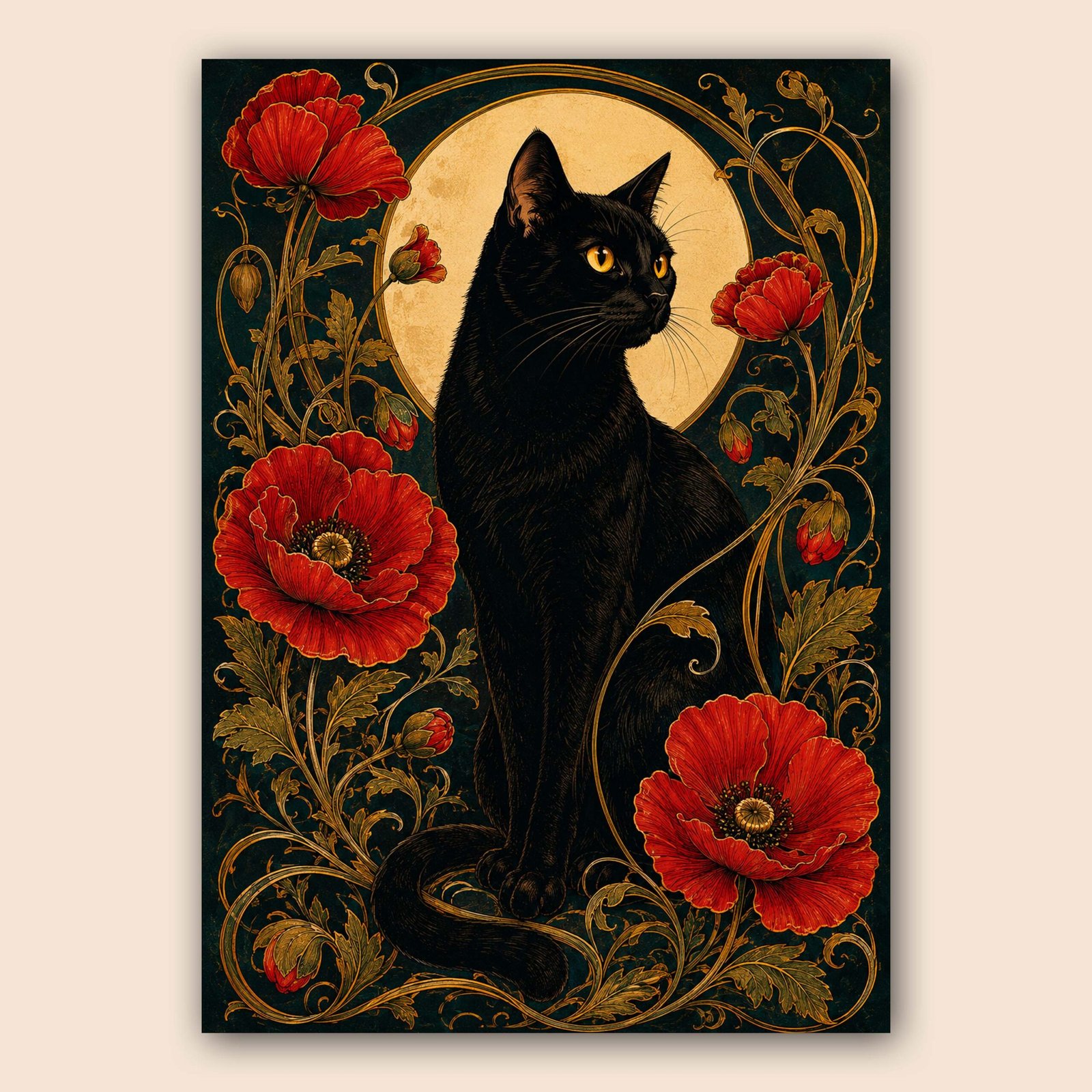 Chat noir entouré de fleurs rouges sur fond sombre