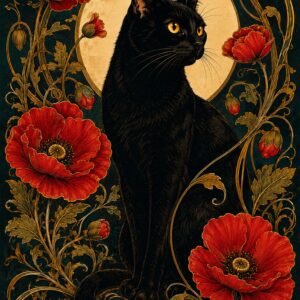 Affiche représentant Un chat noir au regard intense se détache au centre d’un décor floral riche et élégant. Les grandes fleurs rouges apportent du contraste et donnent à l’ensemble une vraie présence visuelle