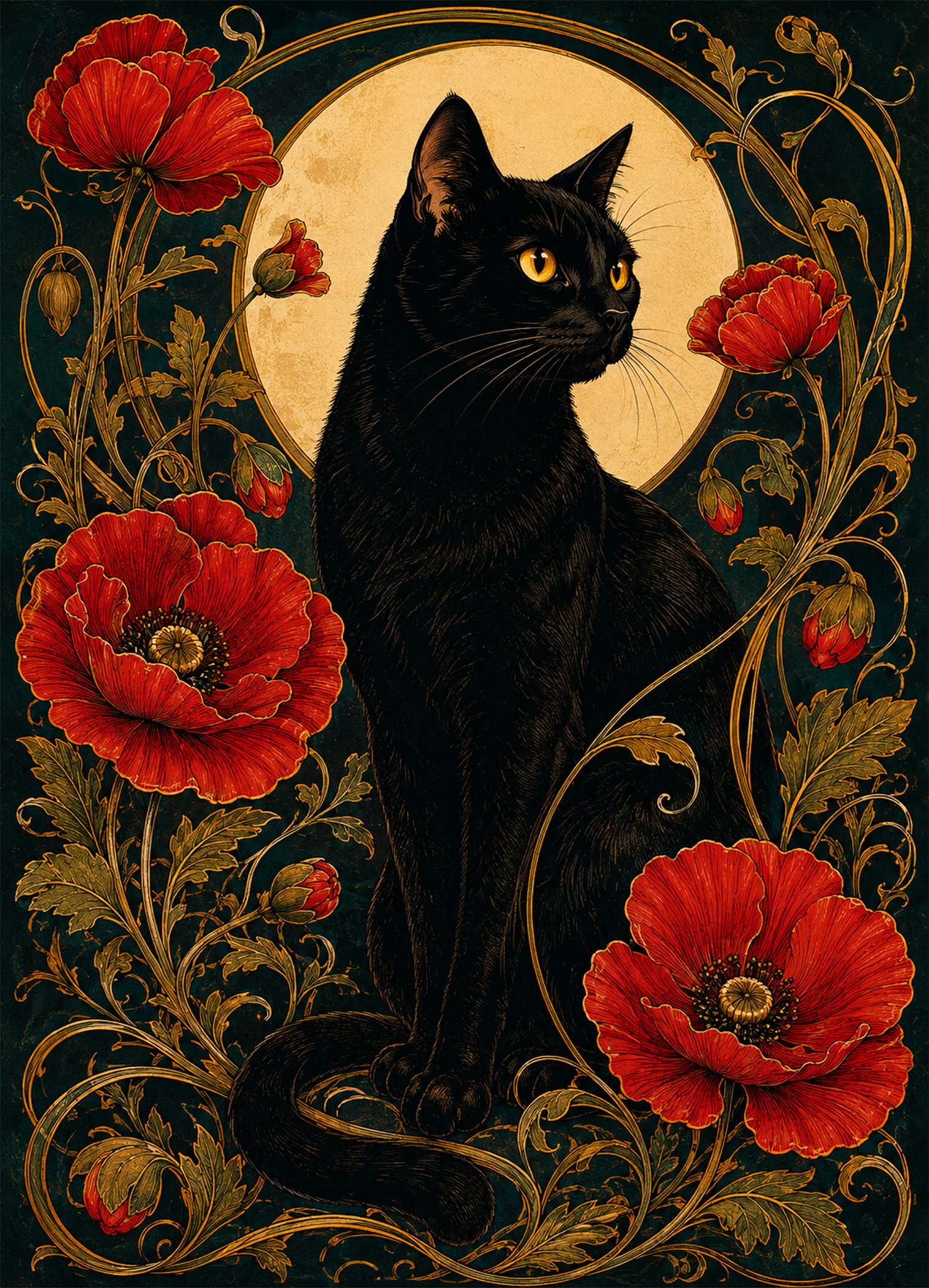 Affiche représentant Un chat noir au regard intense se détache au centre d’un décor floral riche et élégant. Les grandes fleurs rouges apportent du contraste et donnent à l’ensemble une vraie présence visuelle