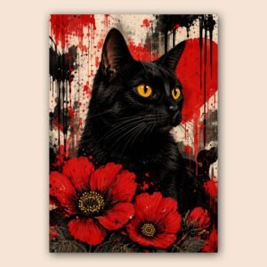 Illustration d’un chat noir avec fleurs rouges et fond contrasté