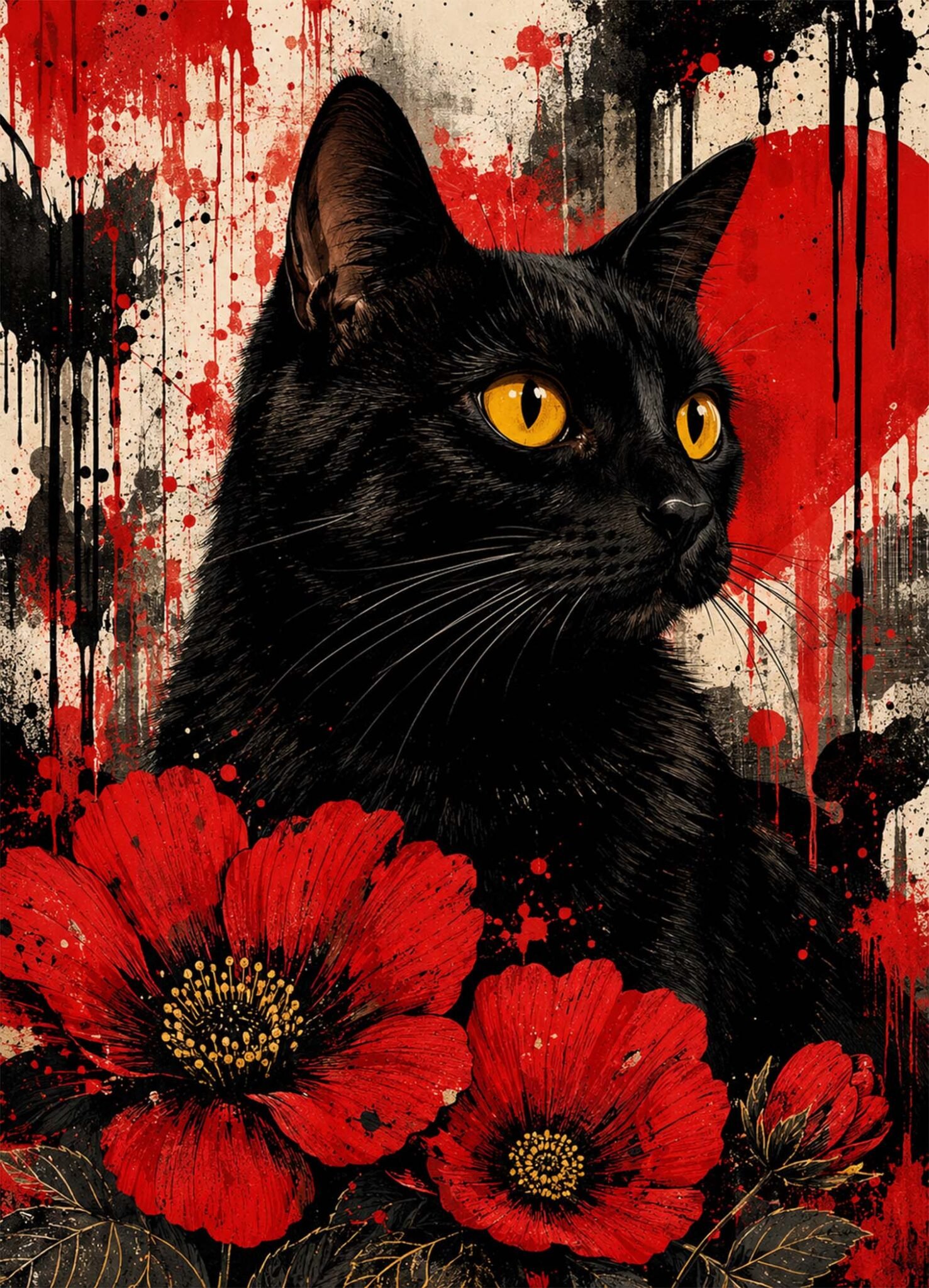 Affiche représentant une composition autour de chat noir rouge