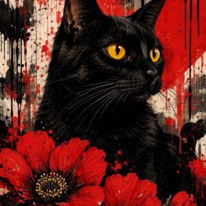 Affiche représentant une composition autour de chat noir rouge