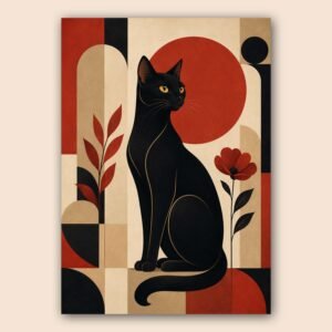 Affiche décorative avec chat noir, cercle rouge et fleurs stylisées