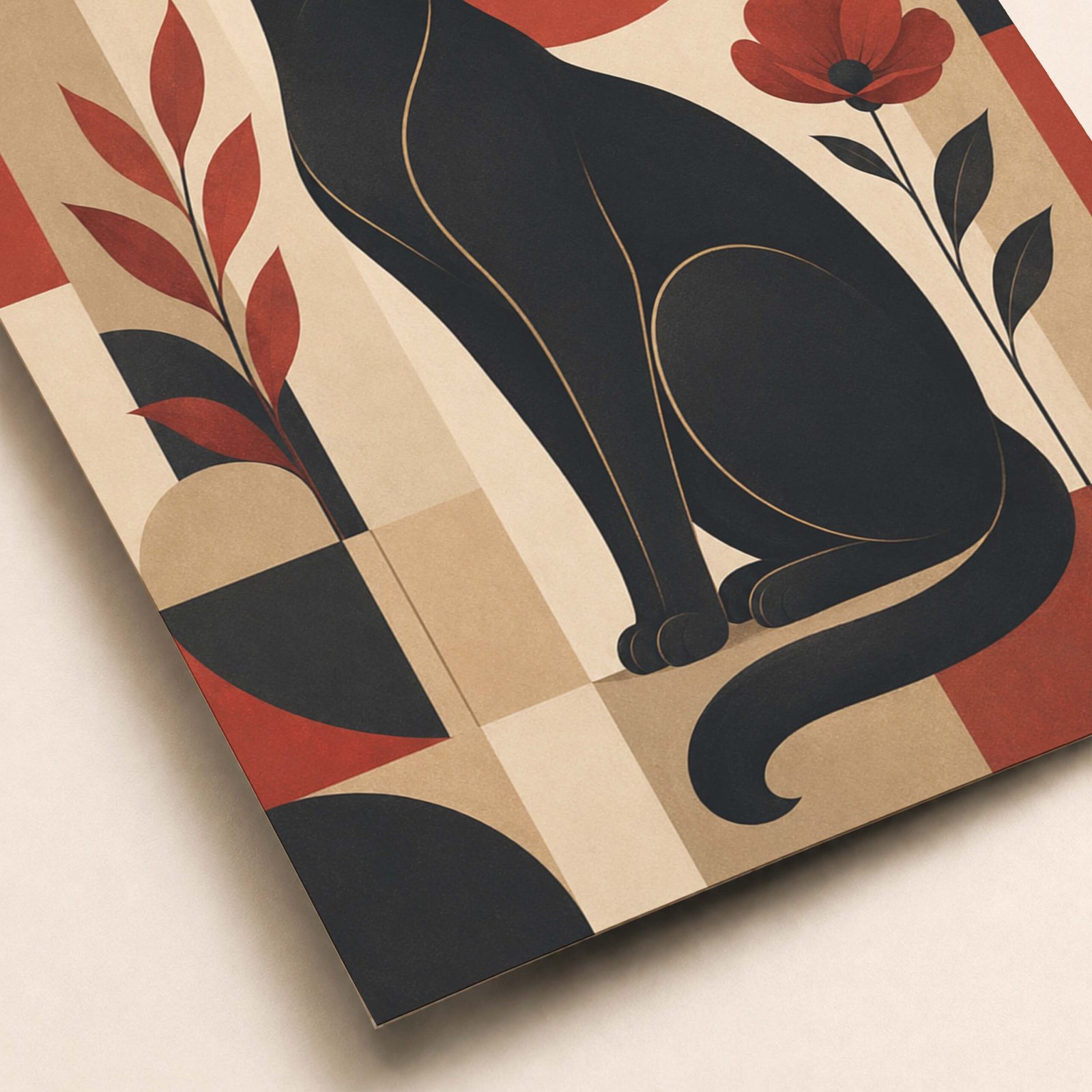Zoom sur le chat noir stylisé et les motifs géométriques de l'affiche