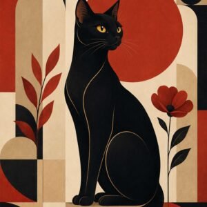 Affiche représentant un chat noir stylisé, posé avec élégance au centre d’une composition graphique. Les formes géométriques, les aplats de rouge profond, de beige et de noir créent un contraste fort, à la fois moderne et chaleureux