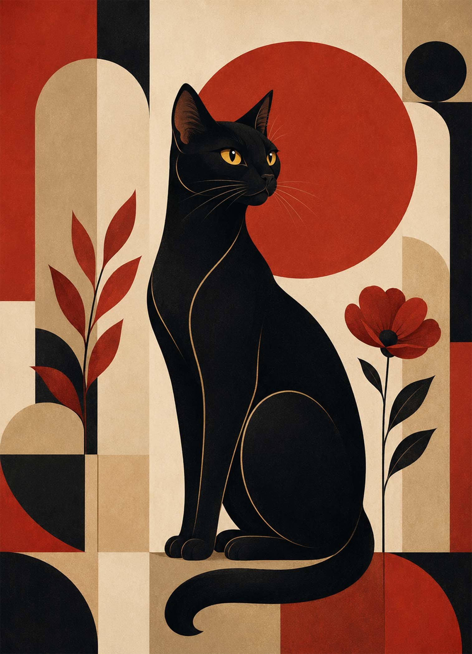 Affiche représentant un chat noir stylisé, posé avec élégance au centre d’une composition graphique. Les formes géométriques, les aplats de rouge profond, de beige et de noir créent un contraste fort, à la fois moderne et chaleureux