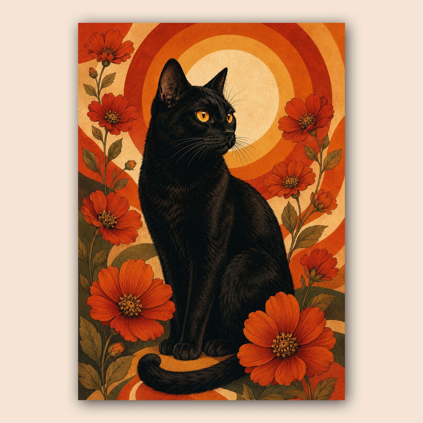 Affiche chat noir avec fleurs orange et fond vintage