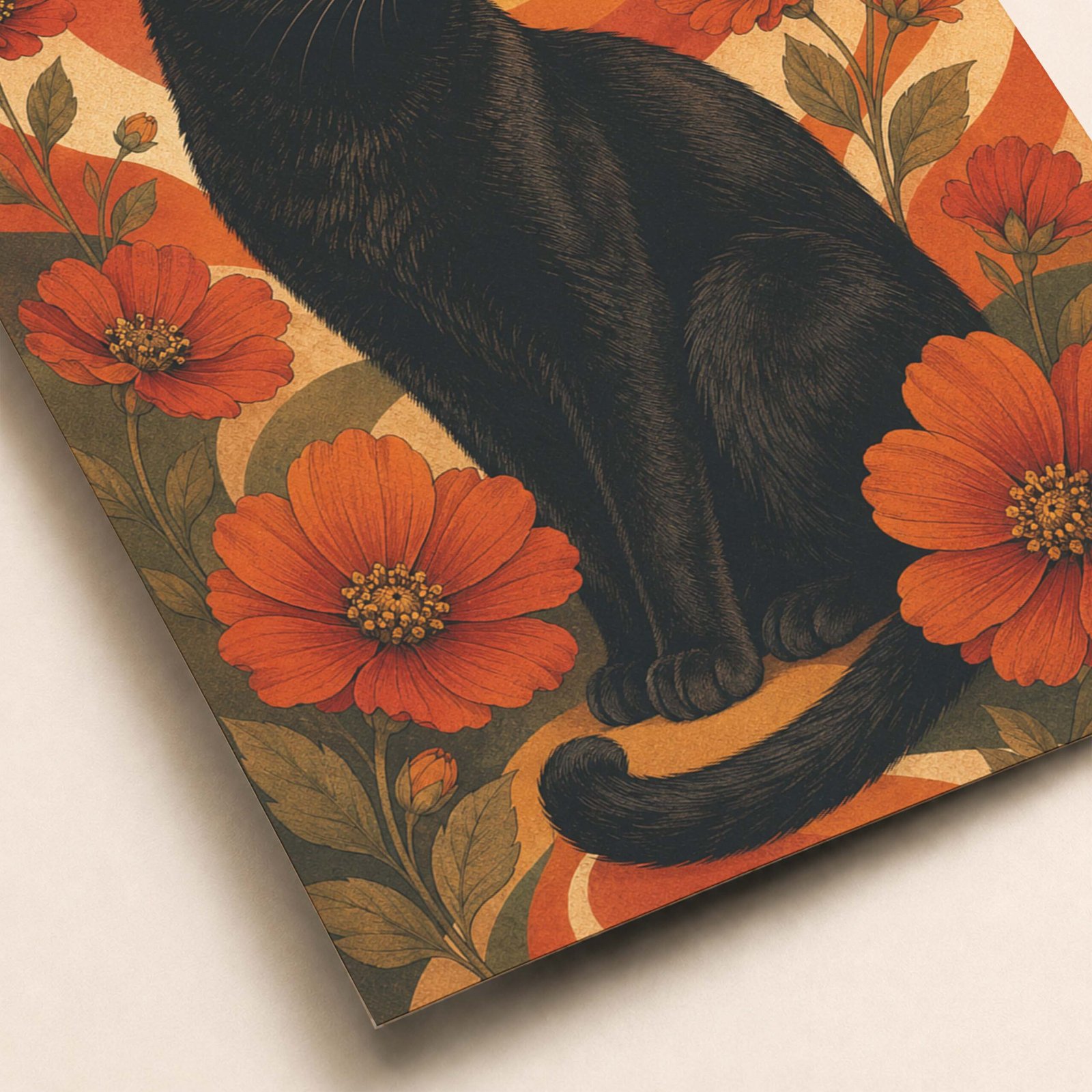 Détail de l’illustration chat noir et fleurs orange