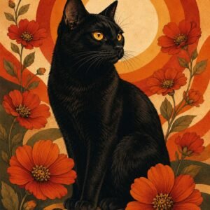 Affiche représentant Un chat noir au regard lumineux prend place au centre d’un décor solaire, entouré de fleurs orange aux accents rétro. L’ensemble crée une composition forte, chaleureuse et très décorative, avec une vraie présence visuelle