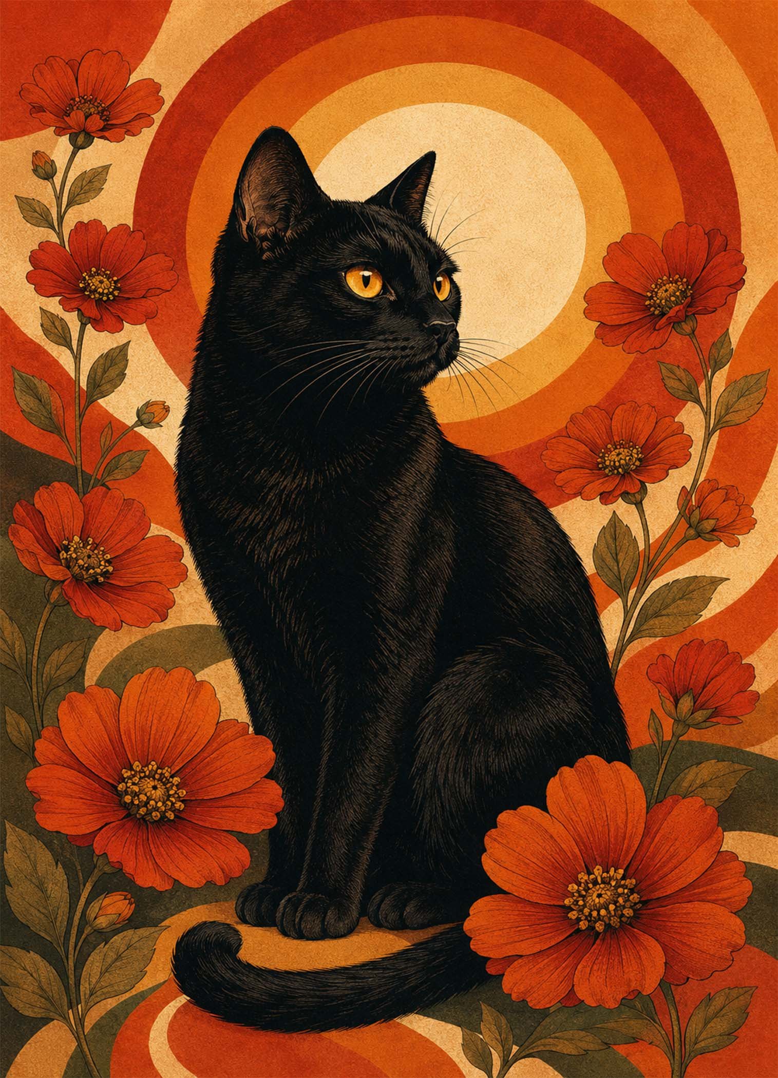 Affiche représentant Un chat noir au regard lumineux prend place au centre d’un décor solaire, entouré de fleurs orange aux accents rétro. L’ensemble crée une composition forte, chaleureuse et très décorative, avec une vraie présence visuelle