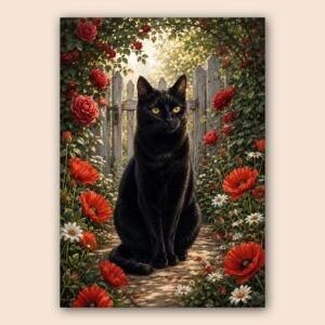 Illustration d’un chat noir au milieu de fleurs rouges et blanches