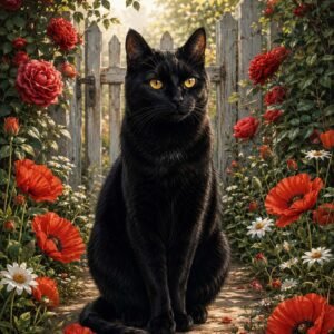 Affiche représentant Un chat noir au regard doré prend place au cœur d’un jardin fleuri, entre roses rouges, coquelicots et petites fleurs blanches. L’image mêle douceur végétale et présence féline, avec une vraie sensation de calme et de mystère