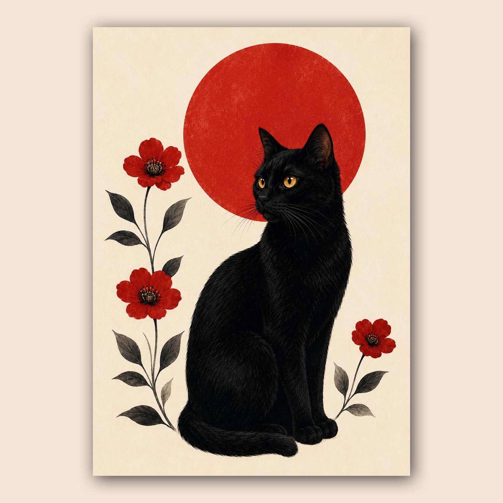 Illustration d'un chat noir avec fleurs rouges et grand cercle rouge