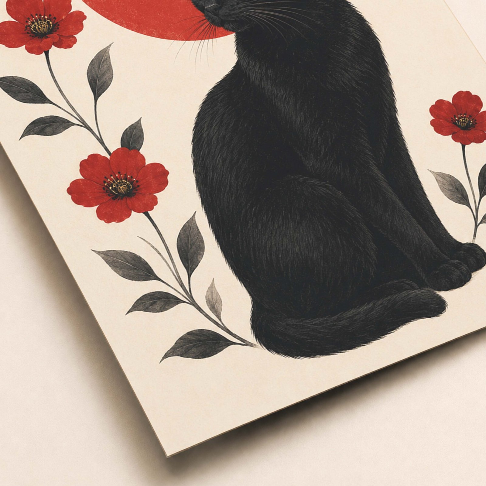Détail de l'illustration avec chat noir et fleurs rouges