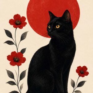 Affiche représentant un chat noir au regard intense, posé devant un grand disque rouge qui attire immédiatement le regard. Les fleurs rouges et les tiges fines apportent une touche botanique délicate, tout en gardant une composition simple et équilibrée