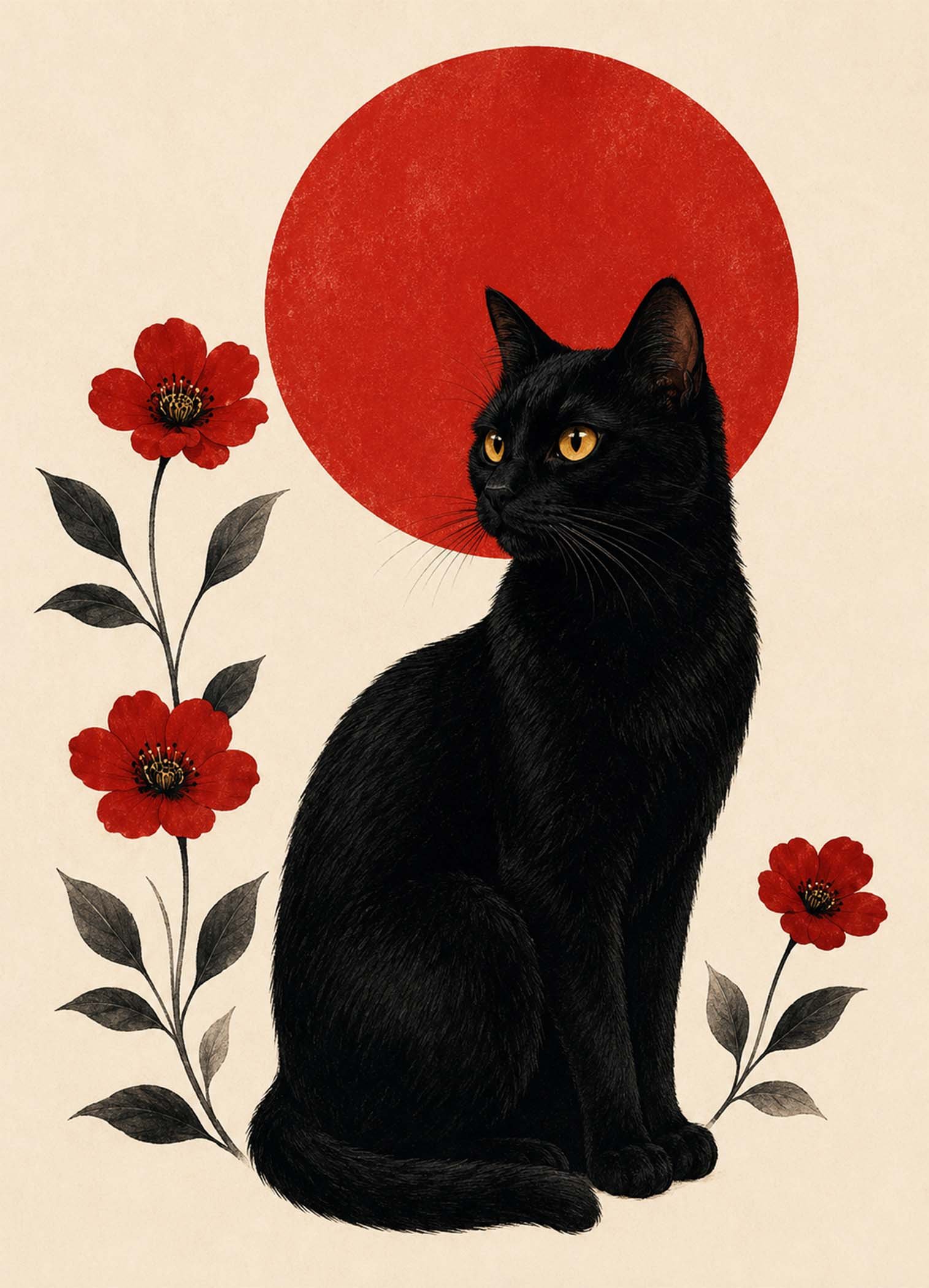 Affiche représentant un chat noir au regard intense, posé devant un grand disque rouge qui attire immédiatement le regard. Les fleurs rouges et les tiges fines apportent une touche botanique délicate, tout en gardant une composition simple et équilibrée