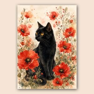 Affiche décorative avec chat noir et fleurs rouges