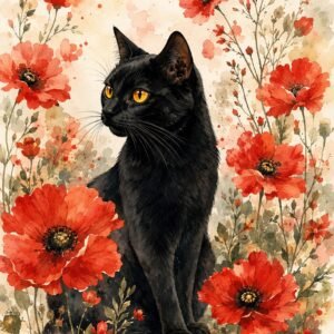 Affiche représentant Un chat noir au regard doré se détache au milieu de grandes fleurs rouges, dans une composition aquarelle pleine de douceur. Le contraste entre le pelage sombre et les pétales lumineux crée une présence forte, tout en restant délicate