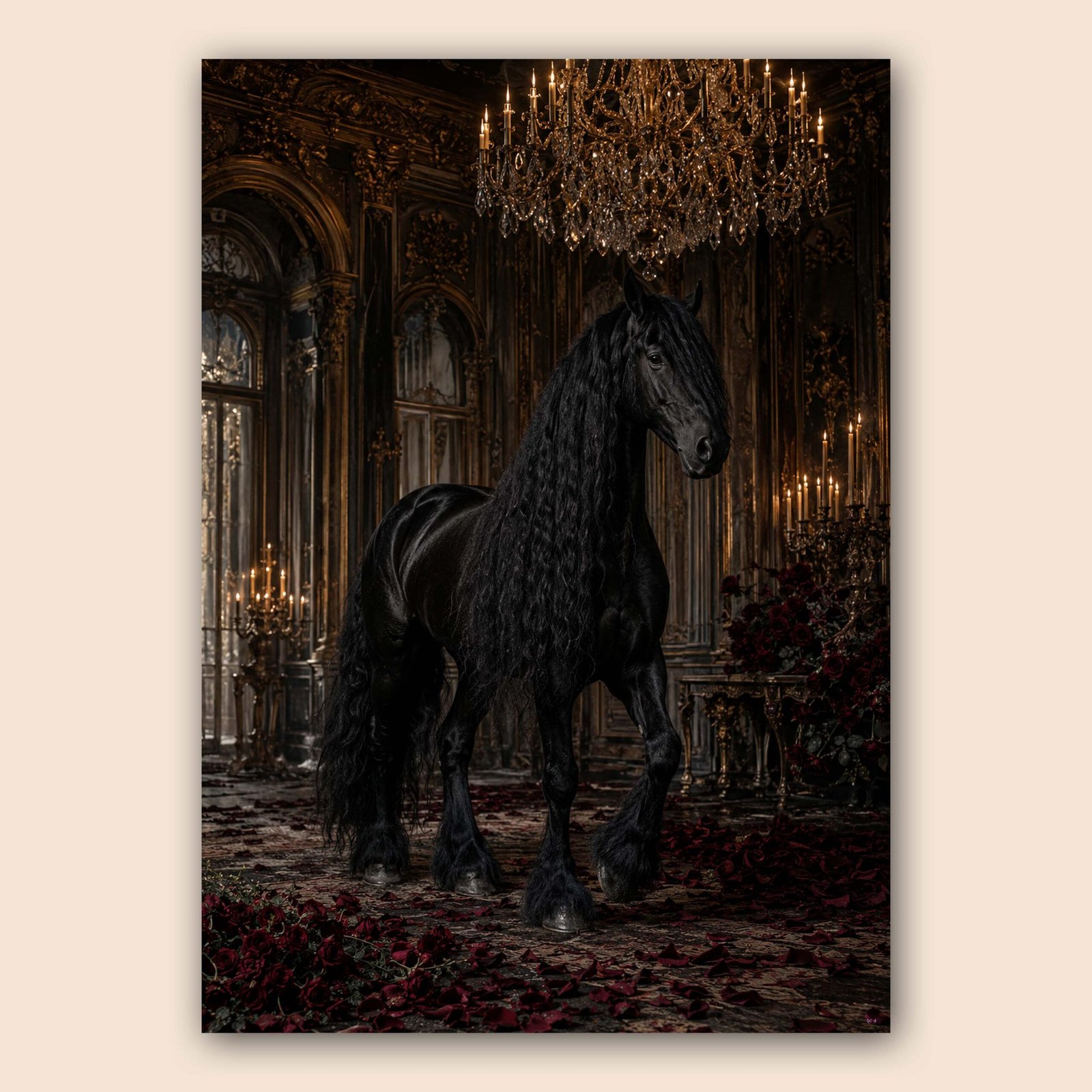 Affiche d’un cheval noir dans un decor sombre et raffine