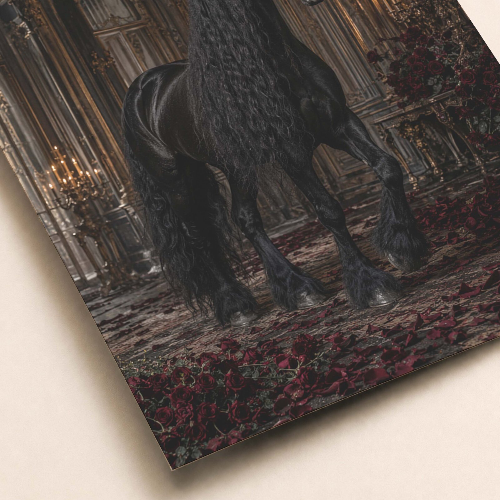 Zoom sur le cheval noir et les details du decor baroque