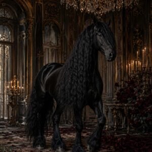 Affiche représentant Un cheval noir majestueux se détache dans un décor baroque sombre, riche en détails et en contrastes. L’image joue sur une présence forte, presque cinématographique, avec une allure noble et silencieuse
