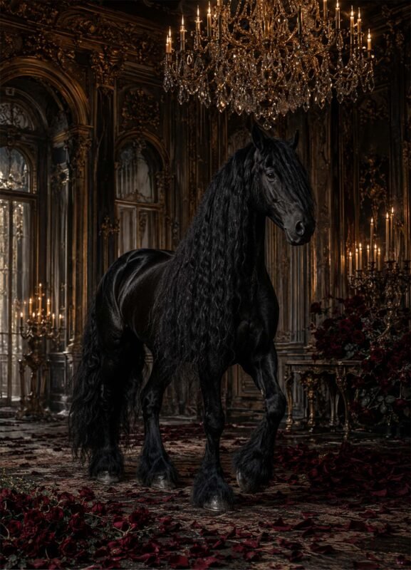 Cheval noir majestueux dans un decor baroque sombre