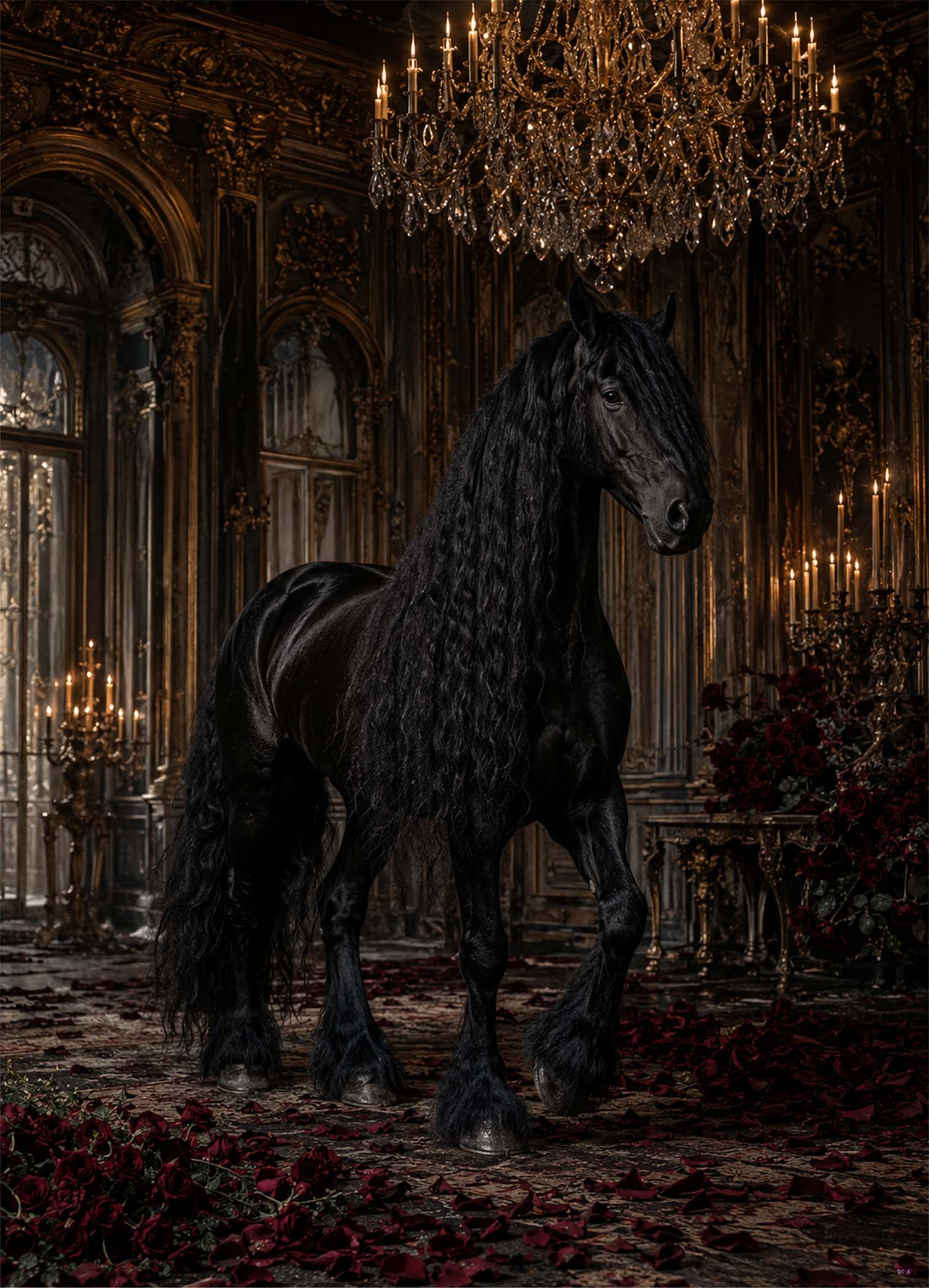 Cheval noir majestueux dans un decor baroque sombre