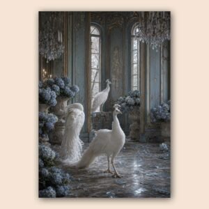 Affiche décorative de paons blancs dans un palais ancien