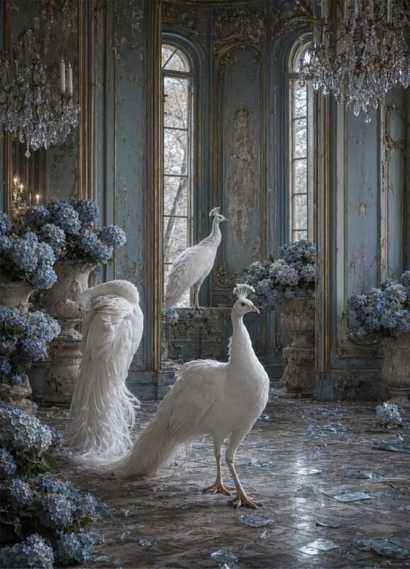 Paons blancs dans un décor ancien avec bouquets bleutés