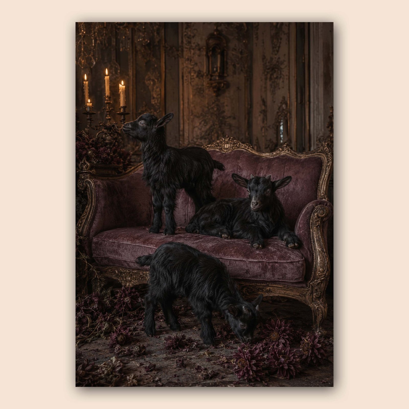 Chevreaux noirs dans un salon ancien au décor sombre