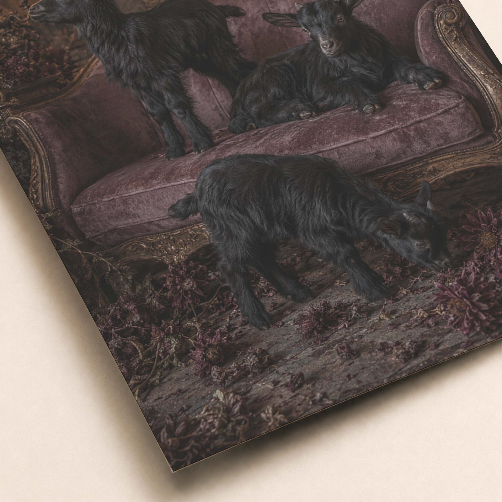 Détail de l’affiche avec chevreaux noirs et canapé ancien