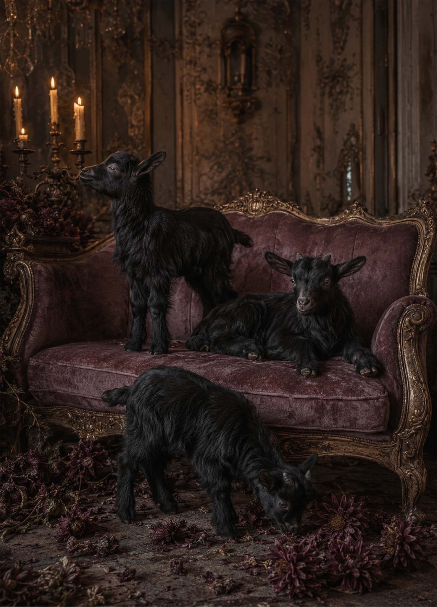 Affiche représentant trois chevreaux noirs dans un décor ancien, posé sur un canapé au velours profond. L’ensemble crée une image à la fois surprenante et raffinée, avec une vraie présence décorative