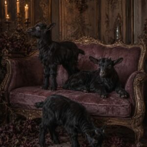 Affiche représentant trois chevreaux noirs dans un décor ancien, posé sur un canapé au velours profond. L’ensemble crée une image à la fois surprenante et raffinée, avec une vraie présence décorative