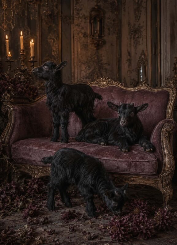 Trois chevreaux noirs dans un décor vintage sombre sur un canapé ancien