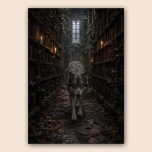 Affiche d’un loup dans un couloir sombre avec étagères