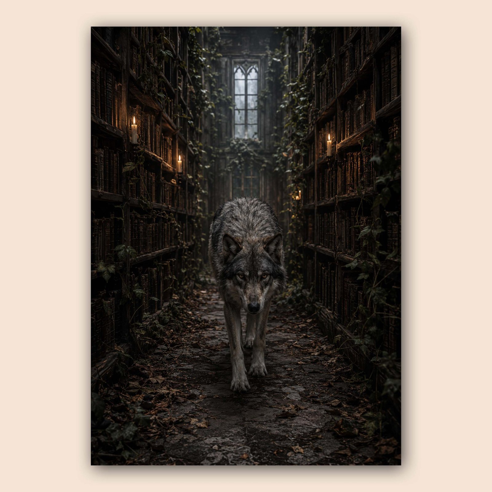 Affiche d’un loup dans un couloir sombre avec étagères