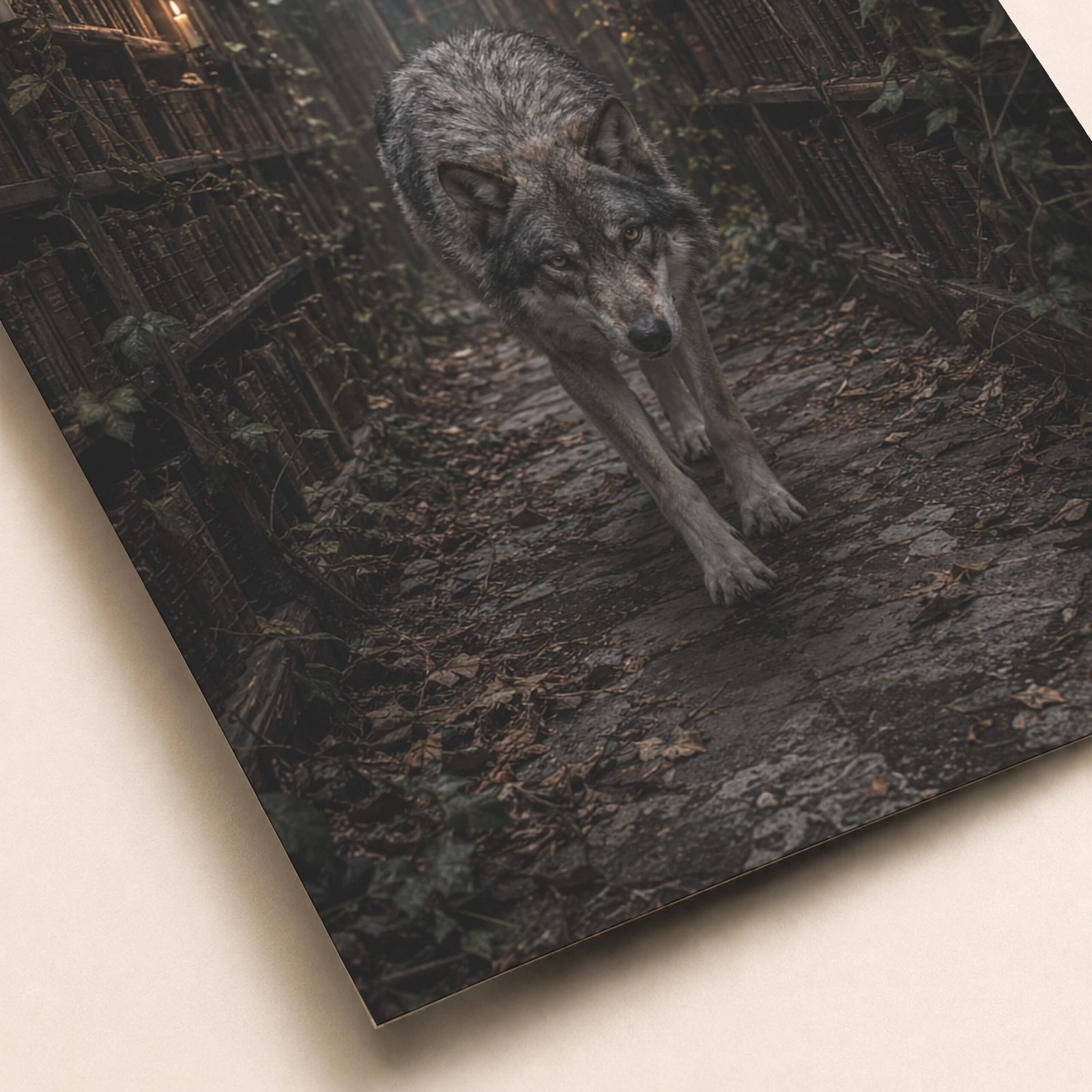 Détail du loup dans une scène sombre et réaliste
