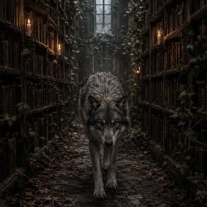 Affiche représentant Un loup avance au centre d’un couloir étroit bordé de grandes étagères, dans une ambiance sombre et presque cinématographique. L’image mêle nature sauvage et décor ancien, avec une vraie sensation de silence et de profondeur
