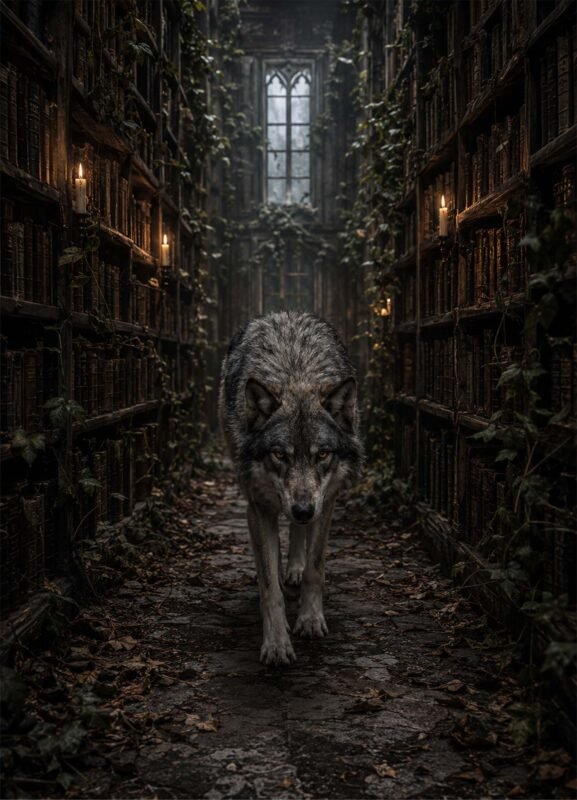 Loup avançant dans un couloir sombre bordé de bibliothèques