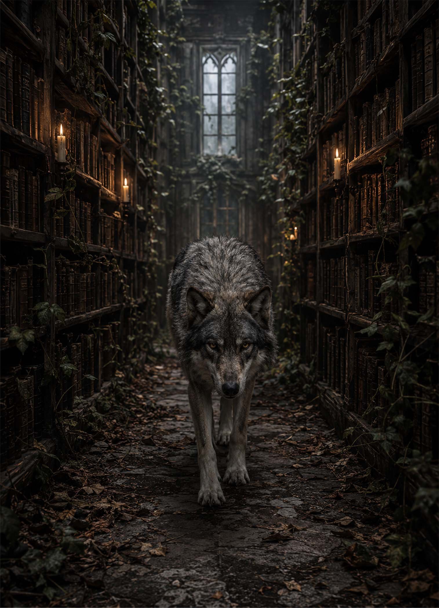 Loup avançant dans un couloir sombre bordé de bibliothèques