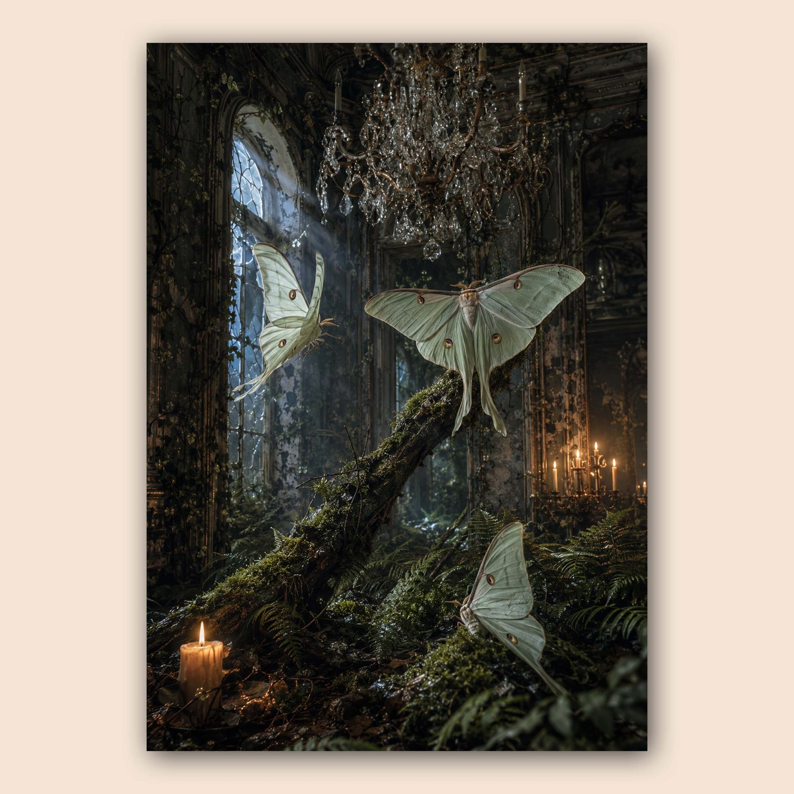 Papillons clairs dans un décor botanique sombre