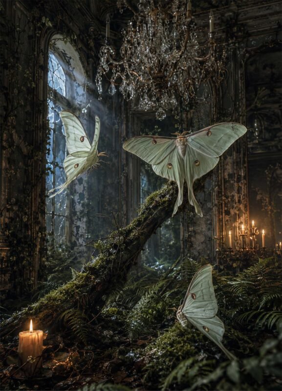 Affiche de papillons clairs dans une serre sombre et luxuriante