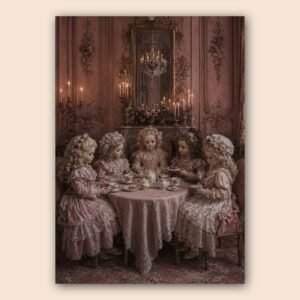 Illustration de poupées dans un salon ancien aux couleurs rose poudré et mauve