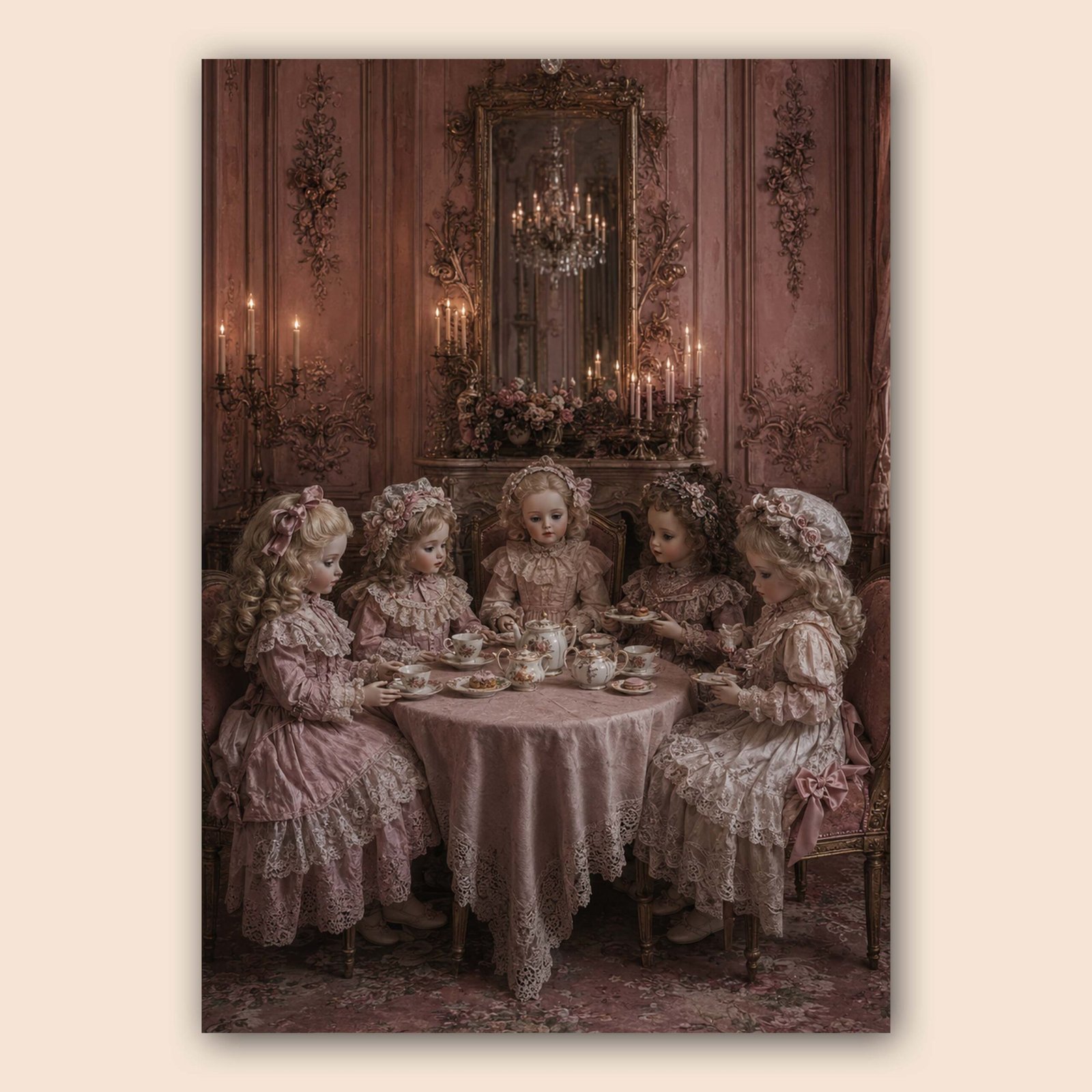 Illustration de poupées dans un salon ancien aux couleurs rose poudré et mauve