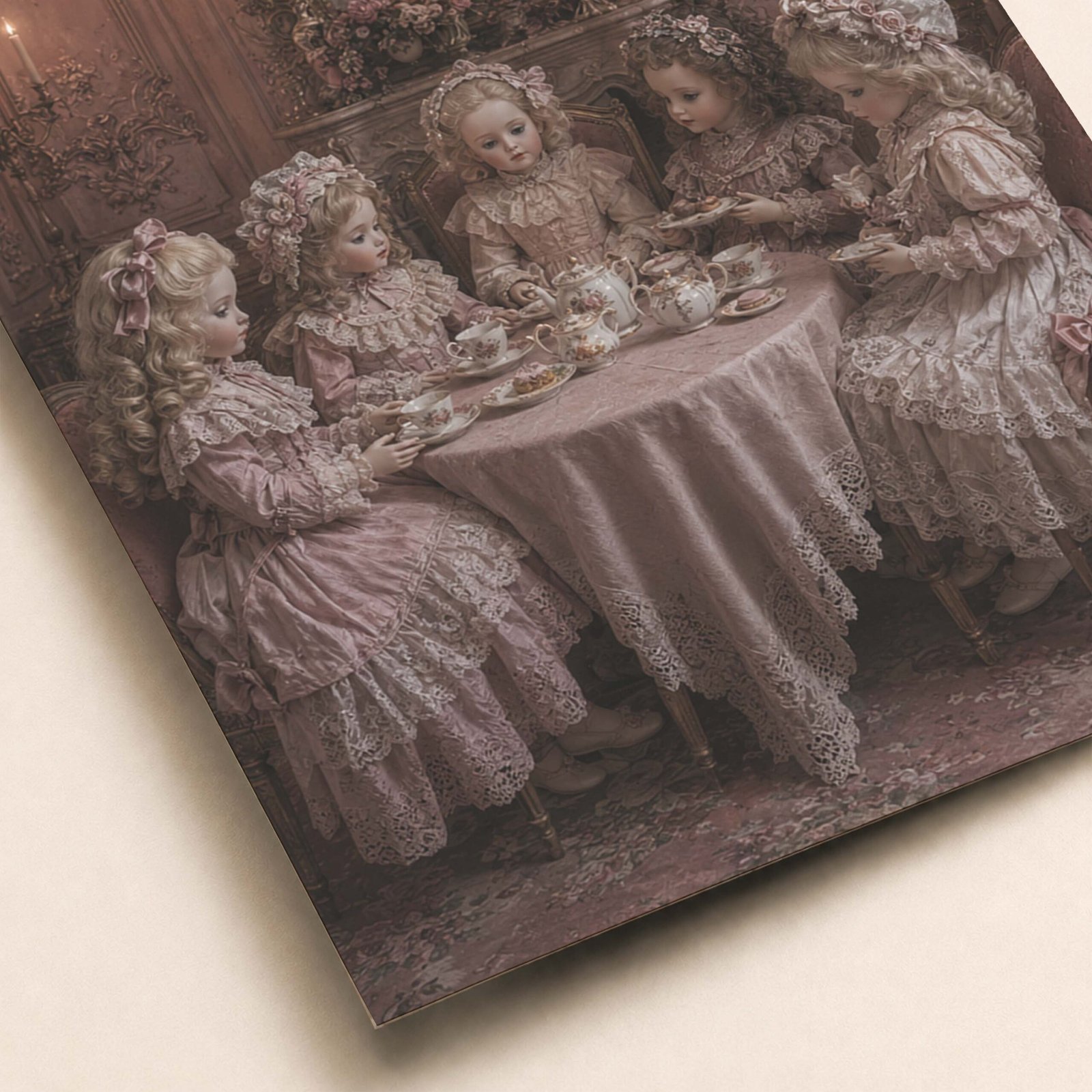 Détail du décor ancien et des poupées en robe rose poudré