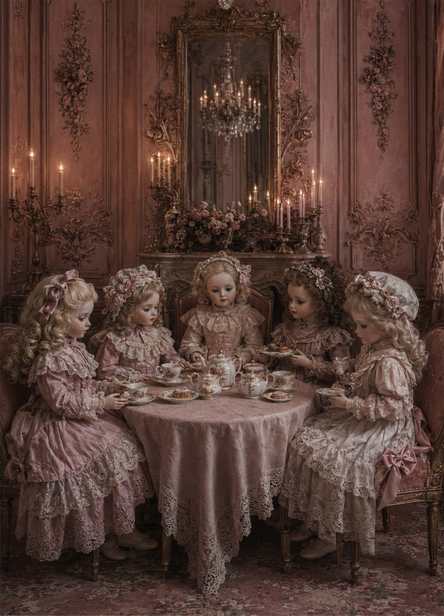 Affiche représentant un moment délicat et presque irréel : cinq poupées élégamment vêtues autour d’une table de thé, dans un décor ancien aux accents romantiques. L’ensemble crée une image douce, raffinée et un peu mystérieuse